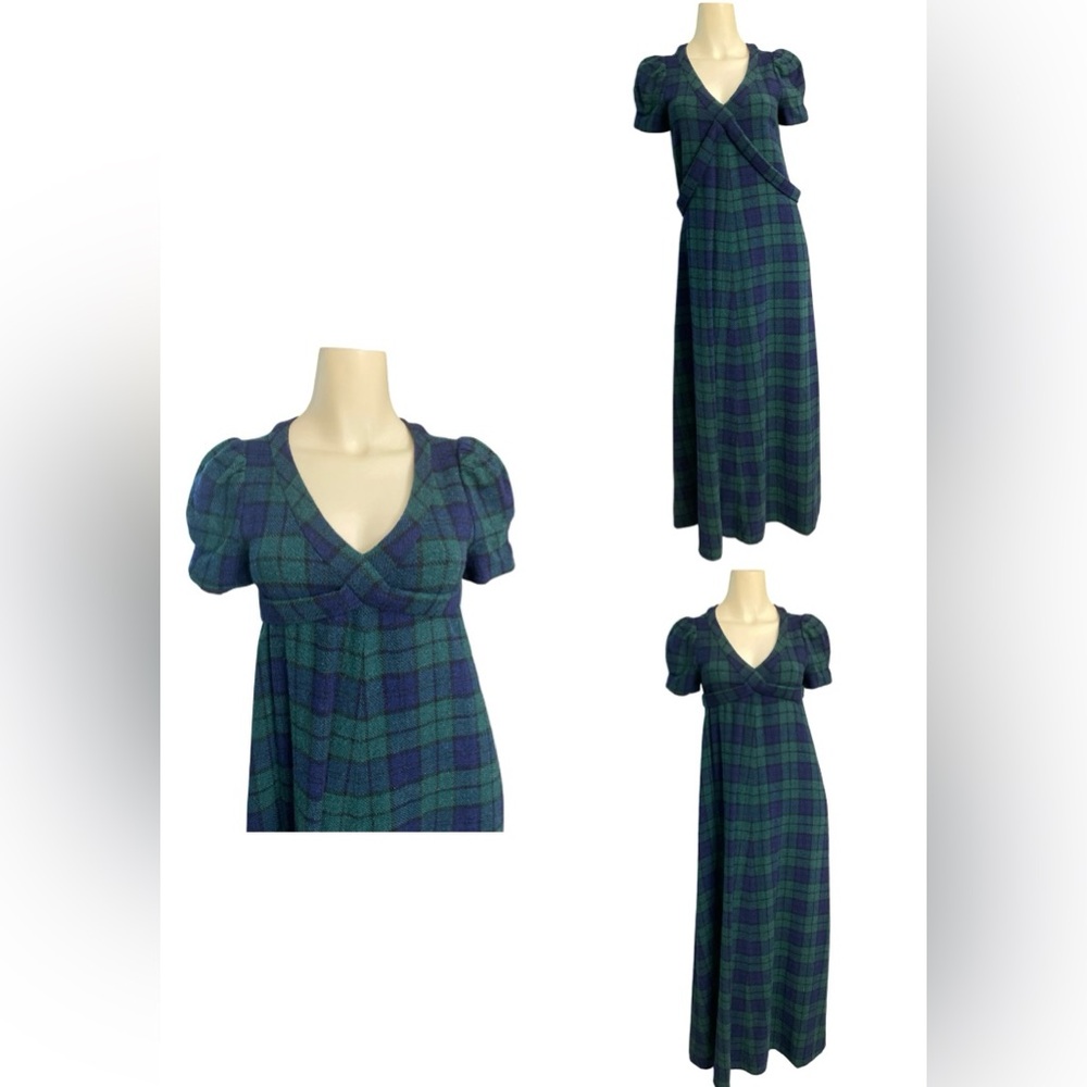 Vintage Handmade Wool Plaid Maxi dress, Scottish A- line dress Short Sleeve